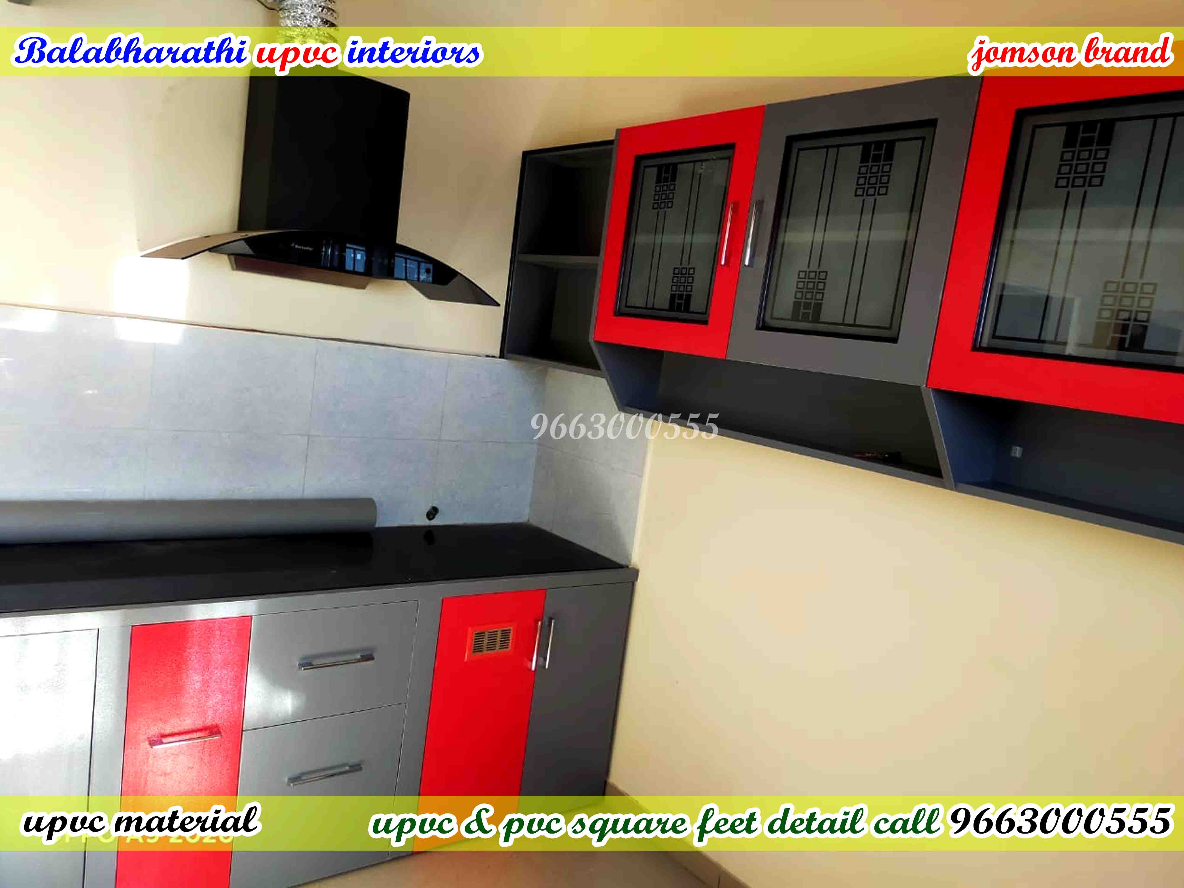 red and grey color modular kitchen